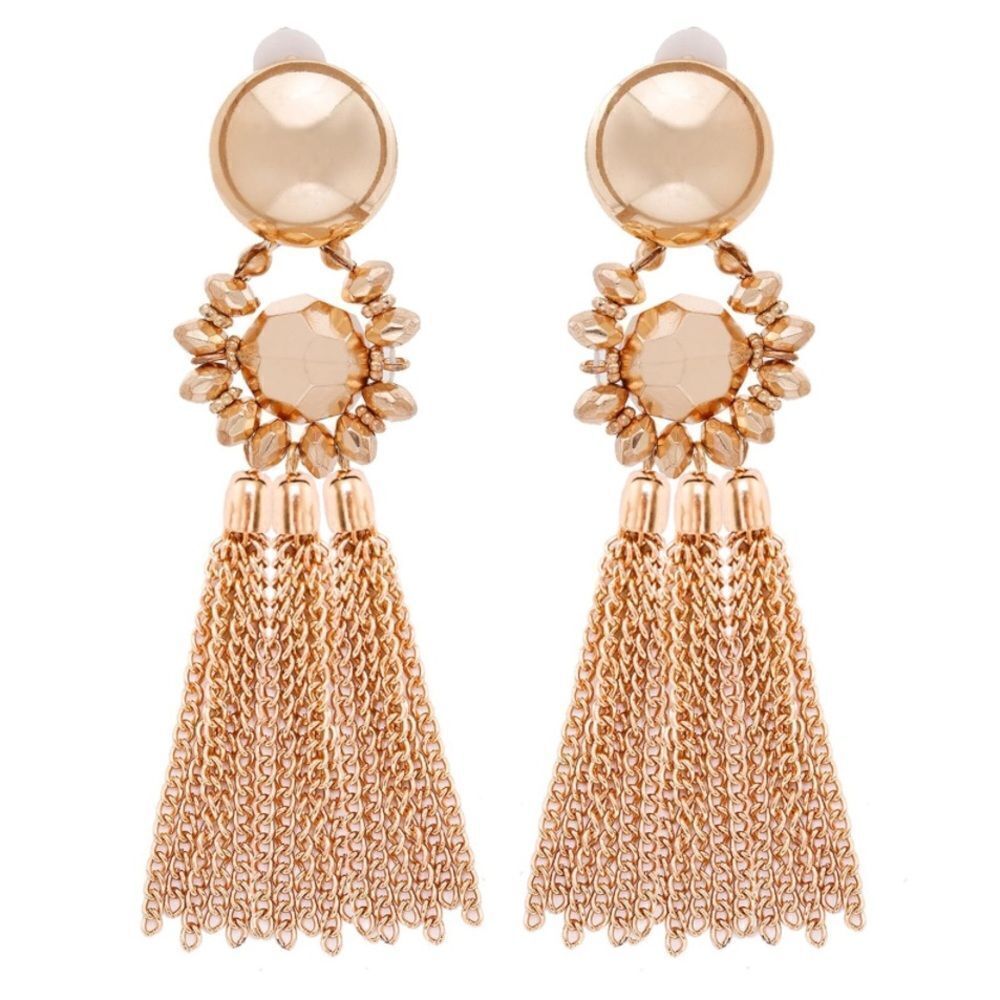 Long Yellow Gold Boho Dangle Chain Tassel Chandelier Statement Clip On Earrings